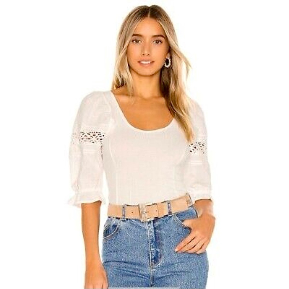 Free People Something Special Puff Sleeve Lace Tee in White